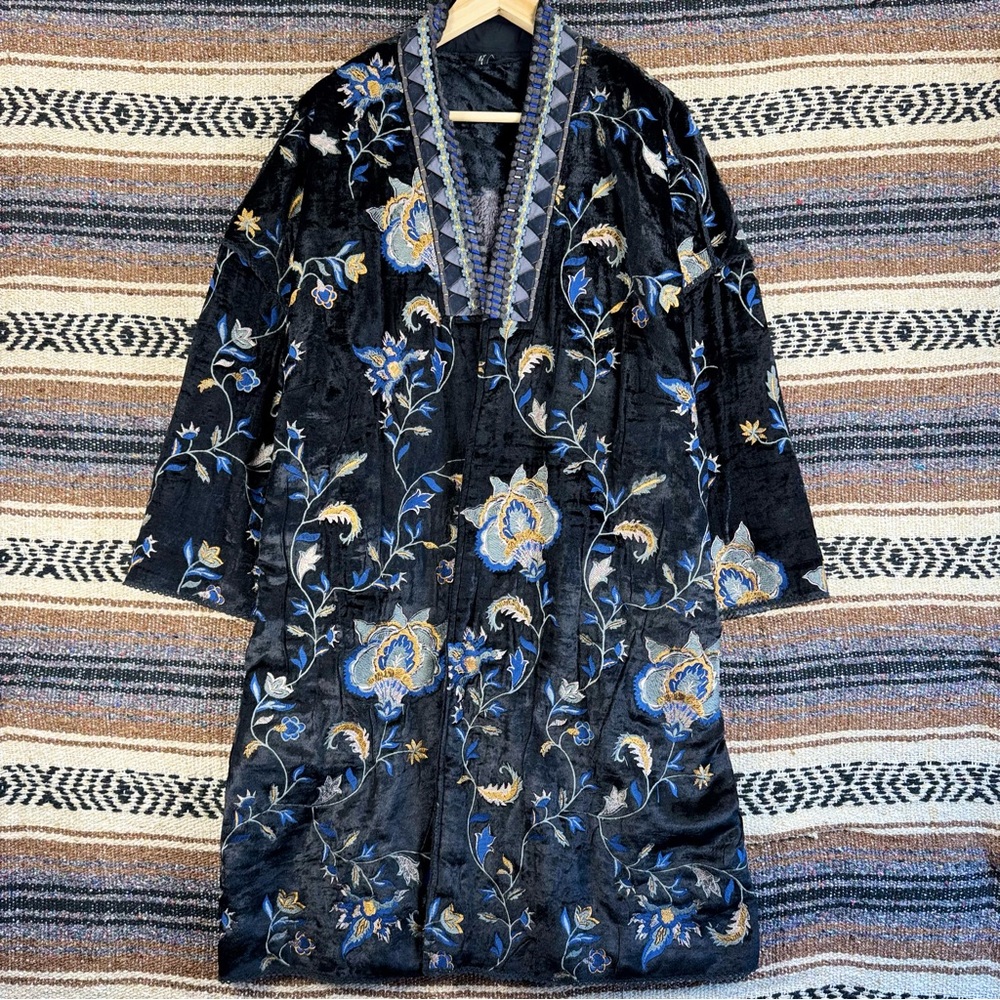 Bl-nk London Velvet Embroidered Duster Kimono Jacket Black Floral Boho Long OS